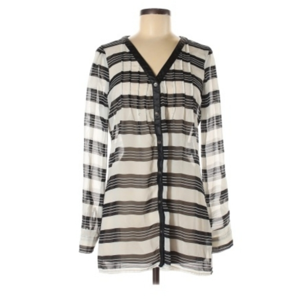 Vanity Shirt  Size Medium Dressy‎ Casual Blqck White Leather Sheer